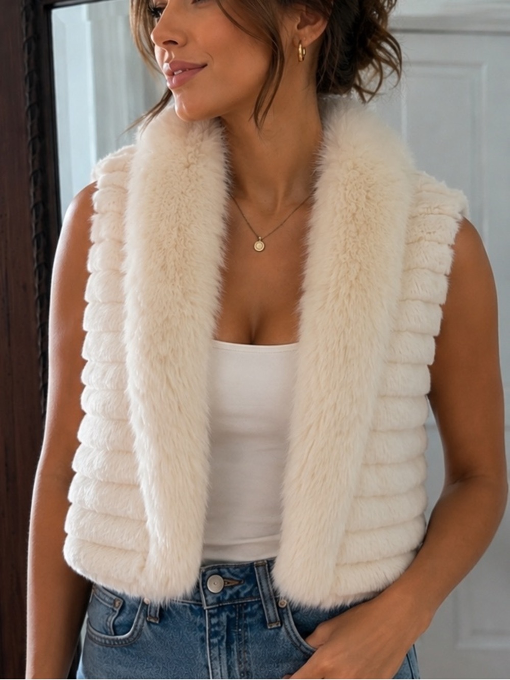 Multiples Ivory Faux Fur Trim Vest